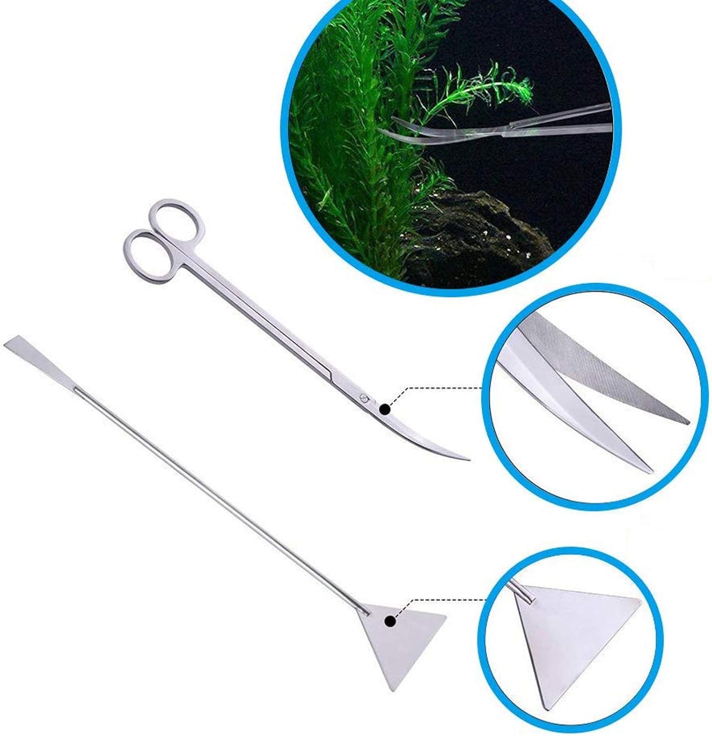 Fistoy curved stainless steel scissors trimming green live plants inside a modern aquarium terrarium.