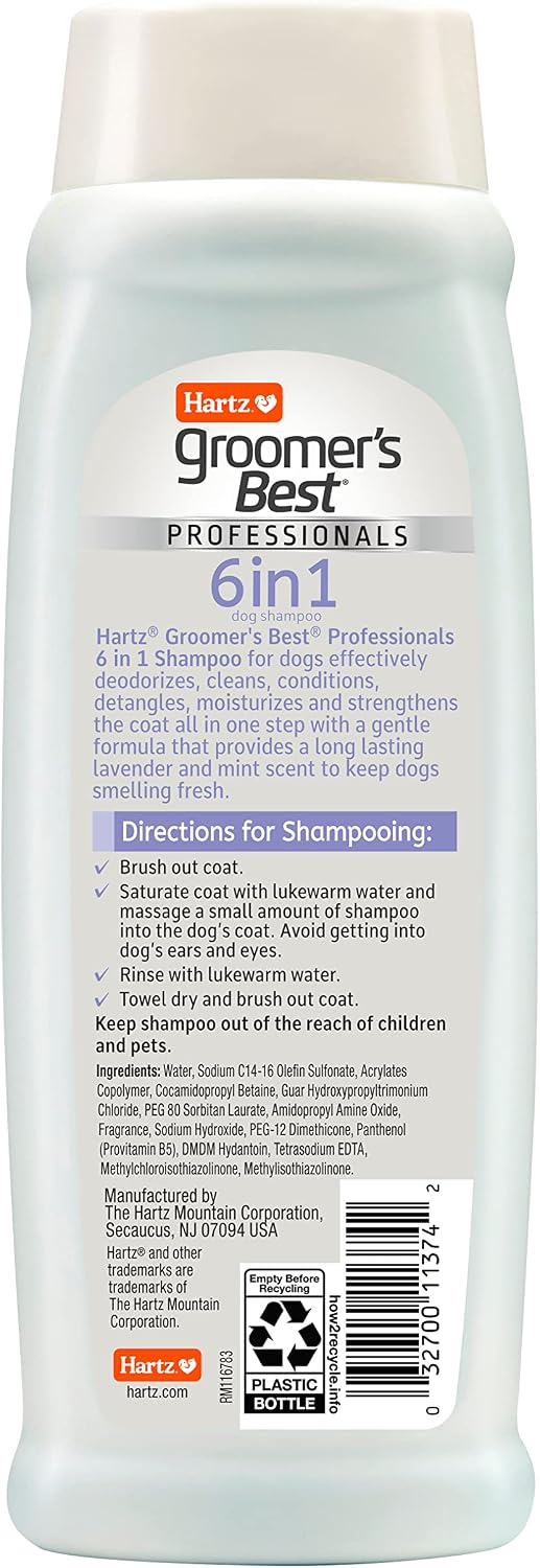 Hartz 6-in-1 all-in-one pet grooming shampoo and conditioner bottle back label instructions