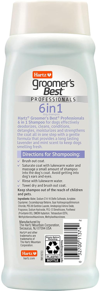Hartz 6-in-1 all-in-one pet grooming shampoo and conditioner bottle back label instructions