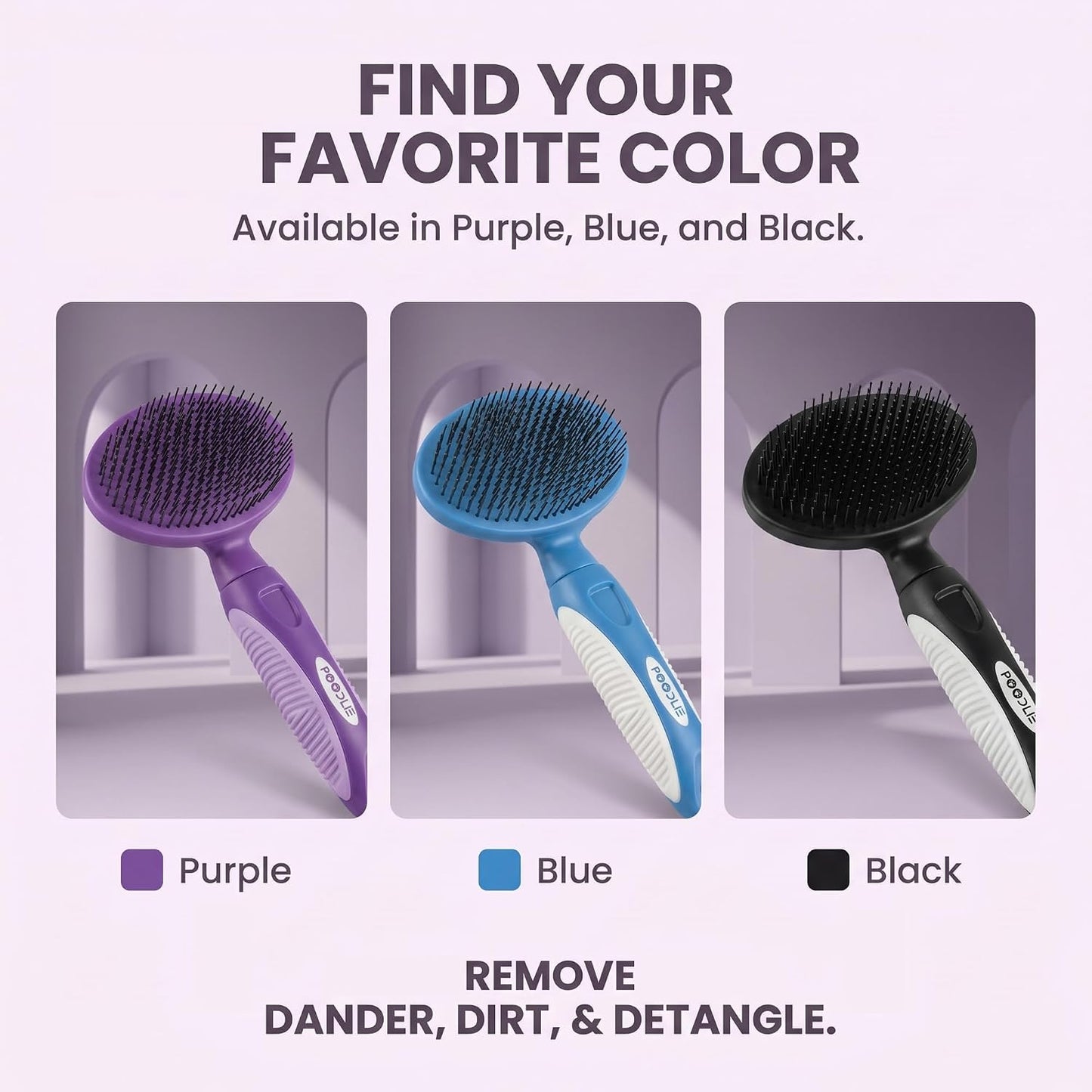 Close up view of purple Poodlie soft bristle pet brush
