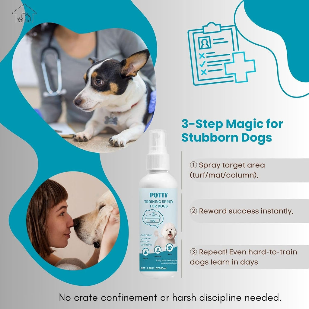 Instructional diagram for dog bathroom training with spray