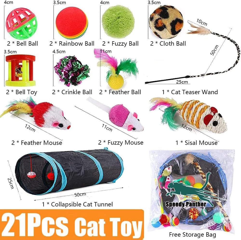 Collapsible black and blue kitten play tunnel expanded to its full length next to a feather wand.