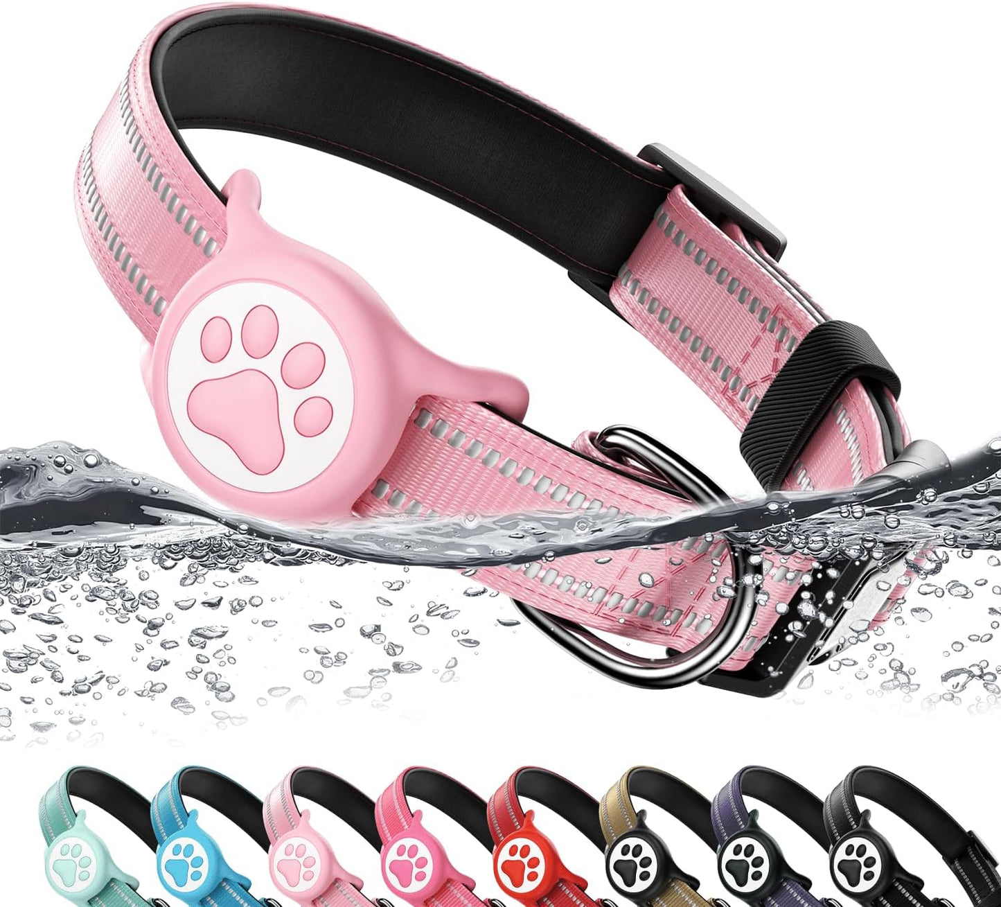 WhoseID pink reflective dog collar with AirTag holder front view