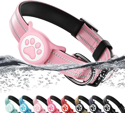 WhoseID pink reflective dog collar with AirTag holder front view