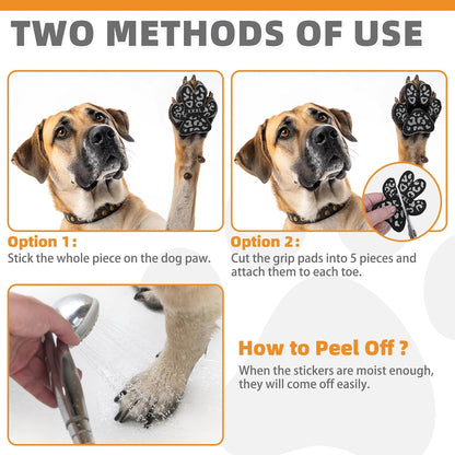 Dog wearing breathable cotton paw grips on hot pavement