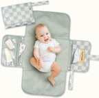 Tiny Twinkle Portable Diaper Changing Pad in Sage Checkers front view showing compact folded design.