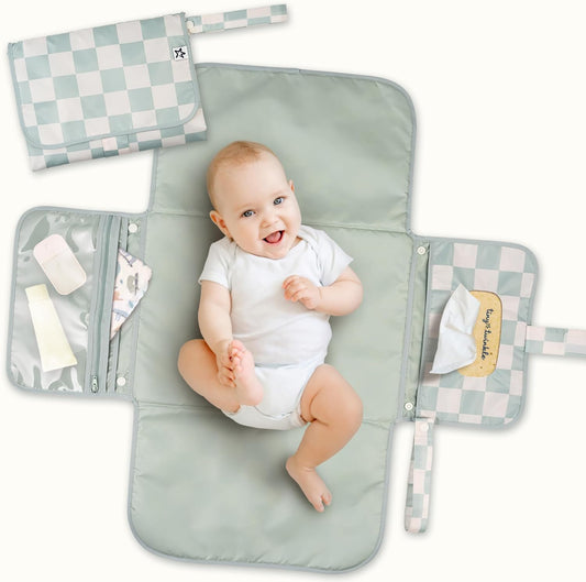Tiny Twinkle Portable Diaper Changing Pad in Sage Checkers front view showing compact folded design.