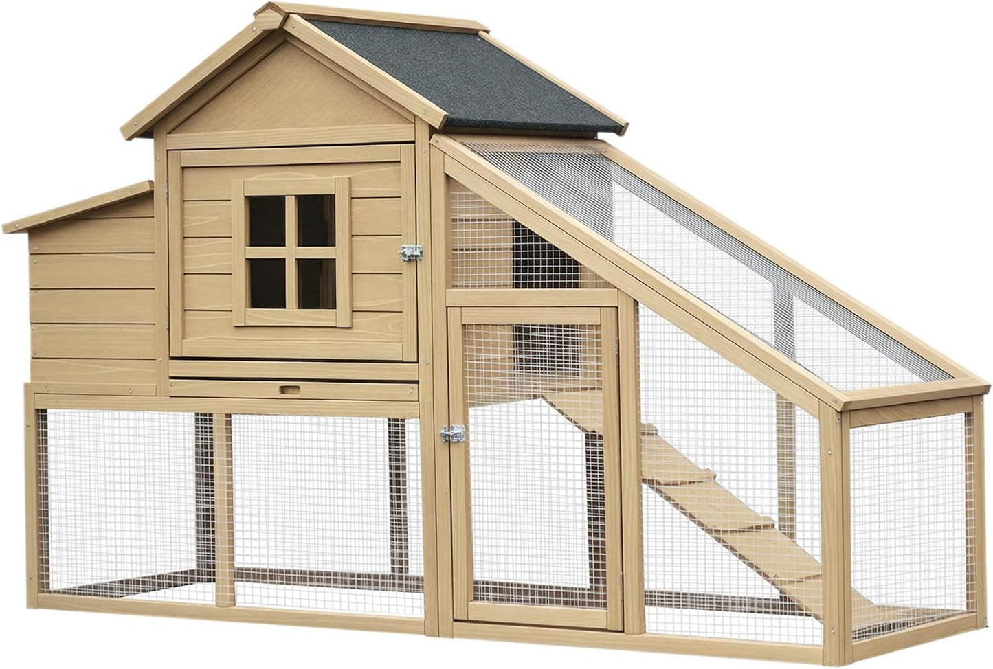 PawHut 69" Wooden Chicken Coop, Poultry Cage Hen House with Connecting Ramp, Removable Tray, Ventilated Window and Nesting Box, Natural - Image 1