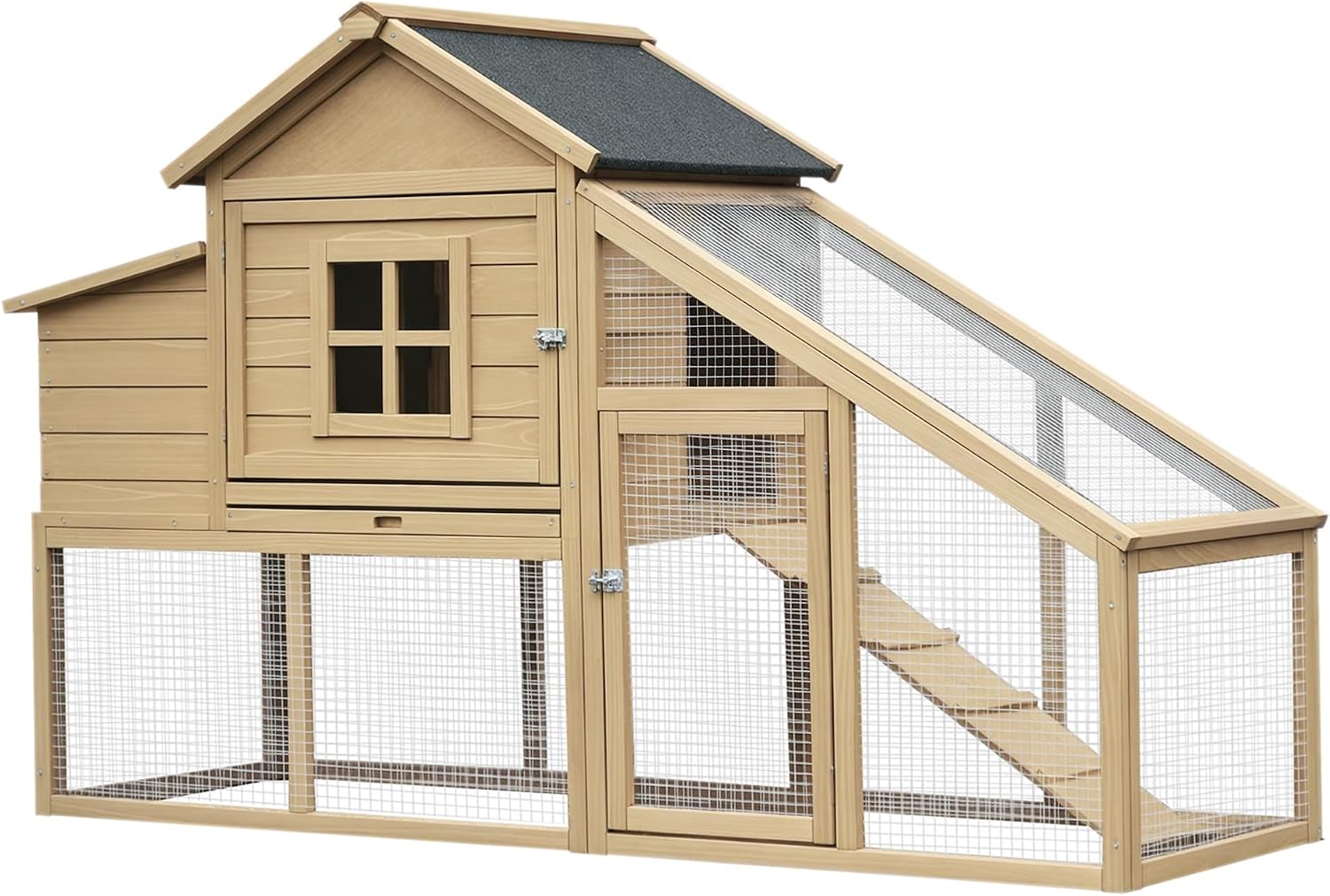 PawHut 69" Wooden Chicken Coop, Poultry Cage Hen House with Connecting Ramp, Removable Tray, Ventilated Window and Nesting Box, Natural - Image 1