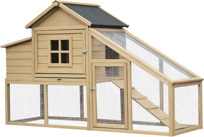 PawHut 69" Wooden Chicken Coop, Poultry Cage Hen House with Connecting Ramp, Removable Tray, Ventilated Window and Nesting Box, Natural - Image 1