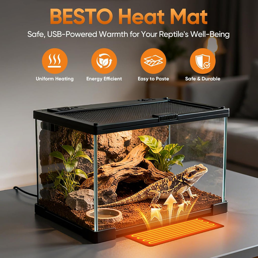 Under tank terrarium heat mat applied beneath a glass reptile enclosure