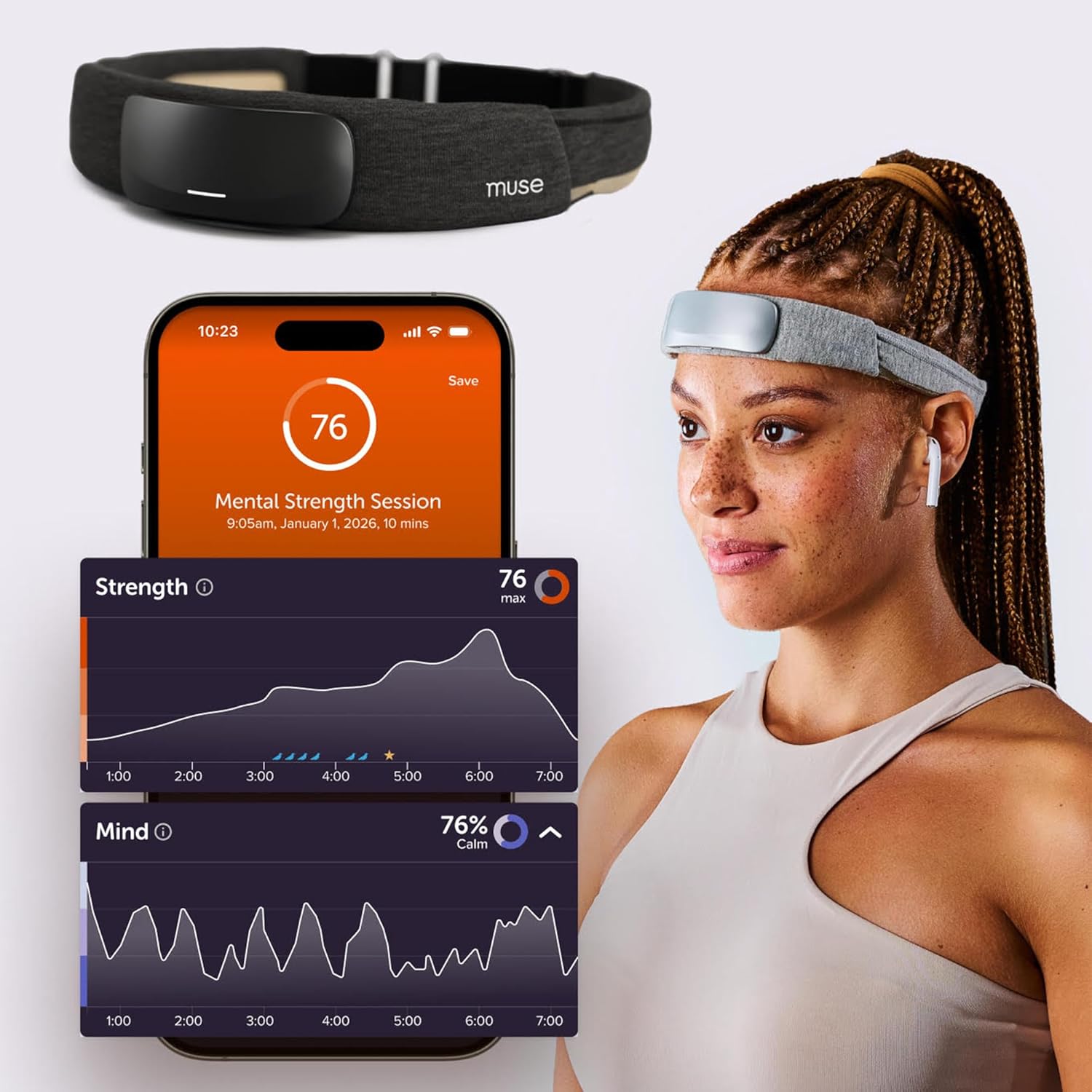 Muse S Athena brain sensing headband in carbon dark grey front view displaying the premium fabric material.
