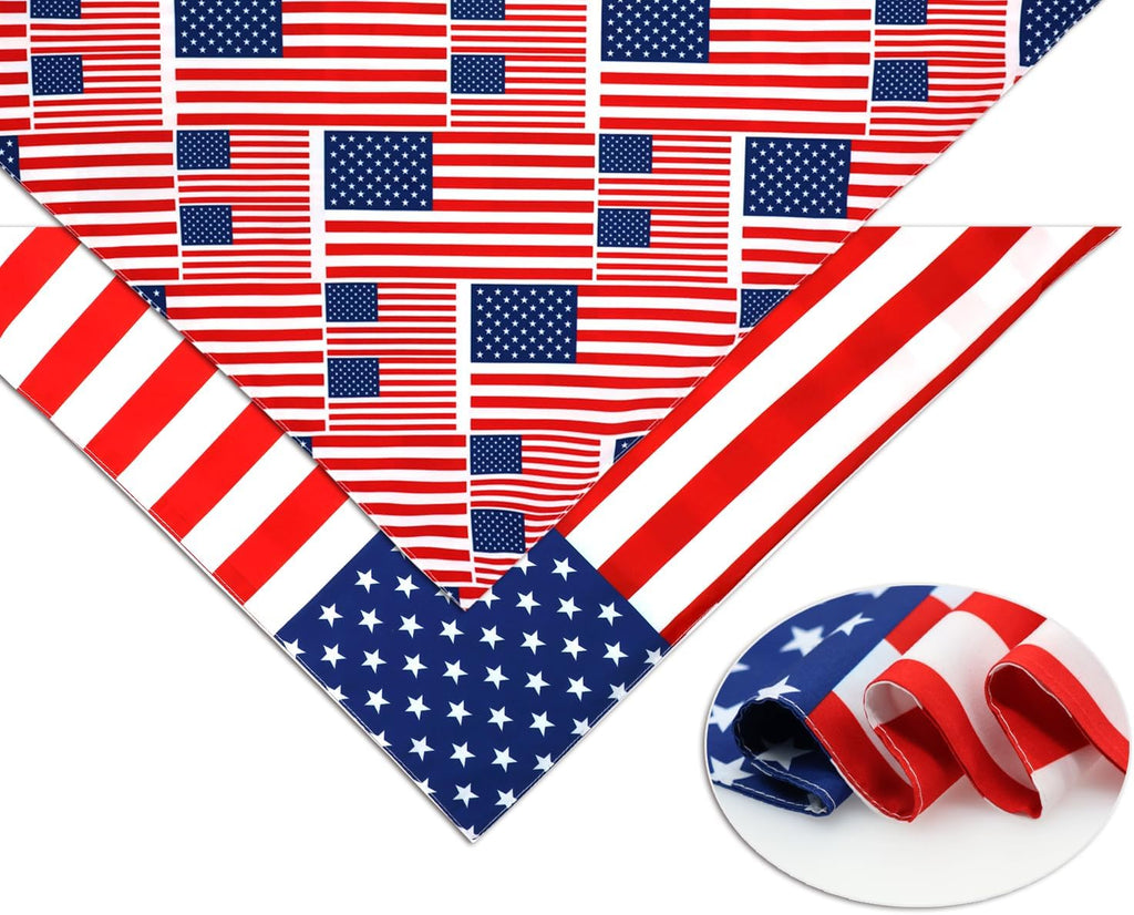 CozyHaus red white and blue pet triangle scarf set flat lay product shot.