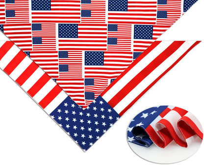 CozyHaus red white and blue pet triangle scarf set flat lay product shot.