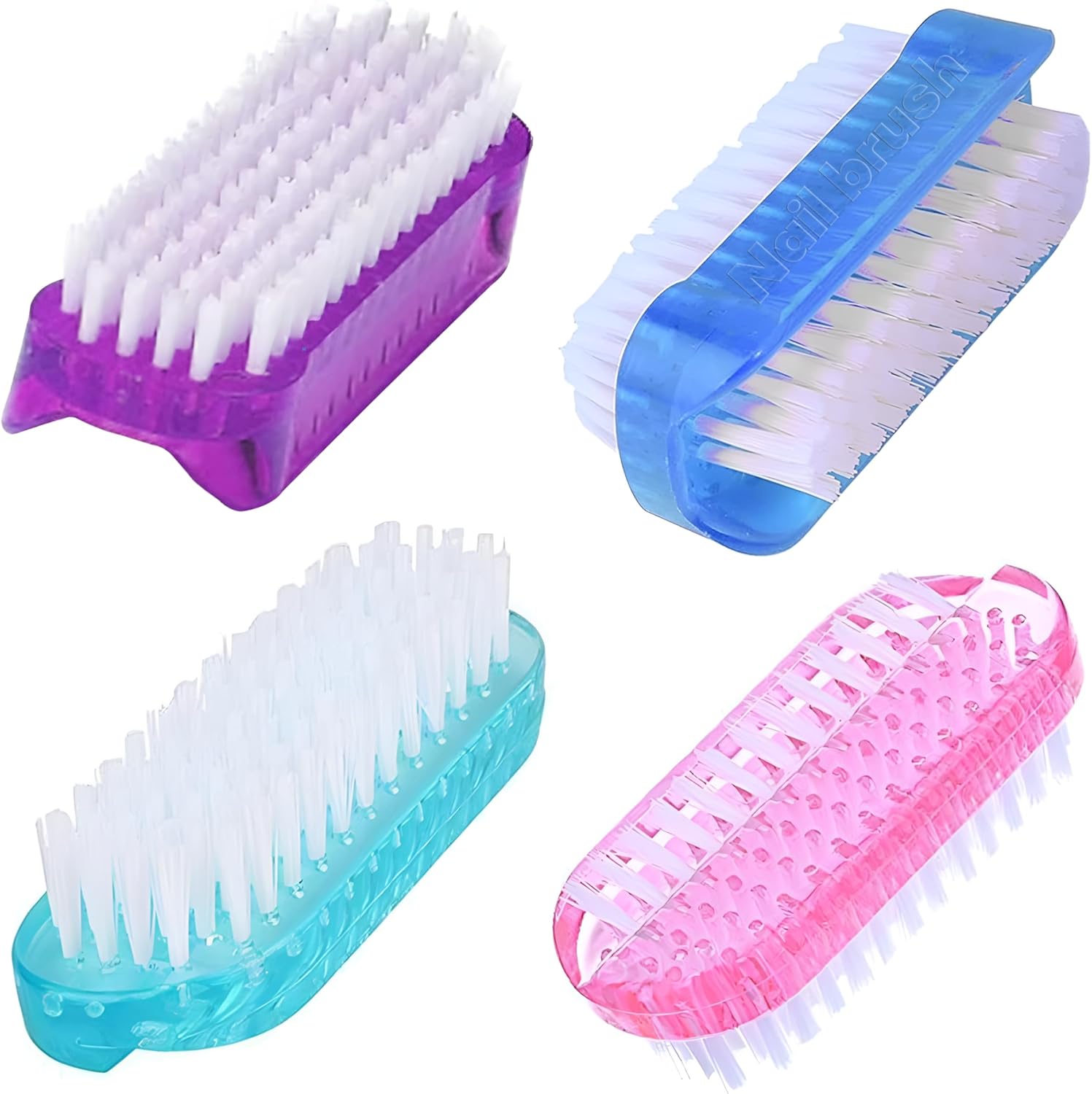 ROLECK two sided nail brush front view showcasing multicolor handles and clean white bristles.