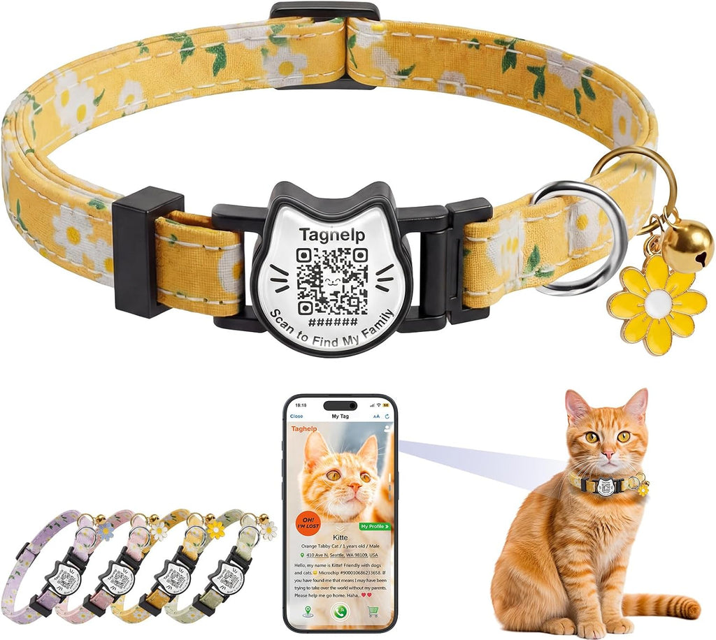 Cute Floral Breakaway Cat Collar with QR Code ID, Cotton Kitten Collar with Bell & AirTag Holder, Adjustable Safety Collar for Cats,Pastoral Style with airtag Holder(Pink) - Image 11