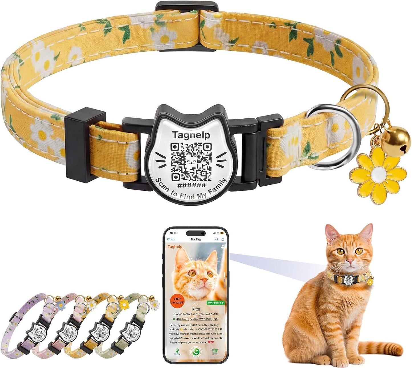Cute Floral Breakaway Cat Collar with QR Code ID, Cotton Kitten Collar with Bell & AirTag Holder, Adjustable Safety Collar for Cats,Pastoral Style with airtag Holder(Pink) - Image 11