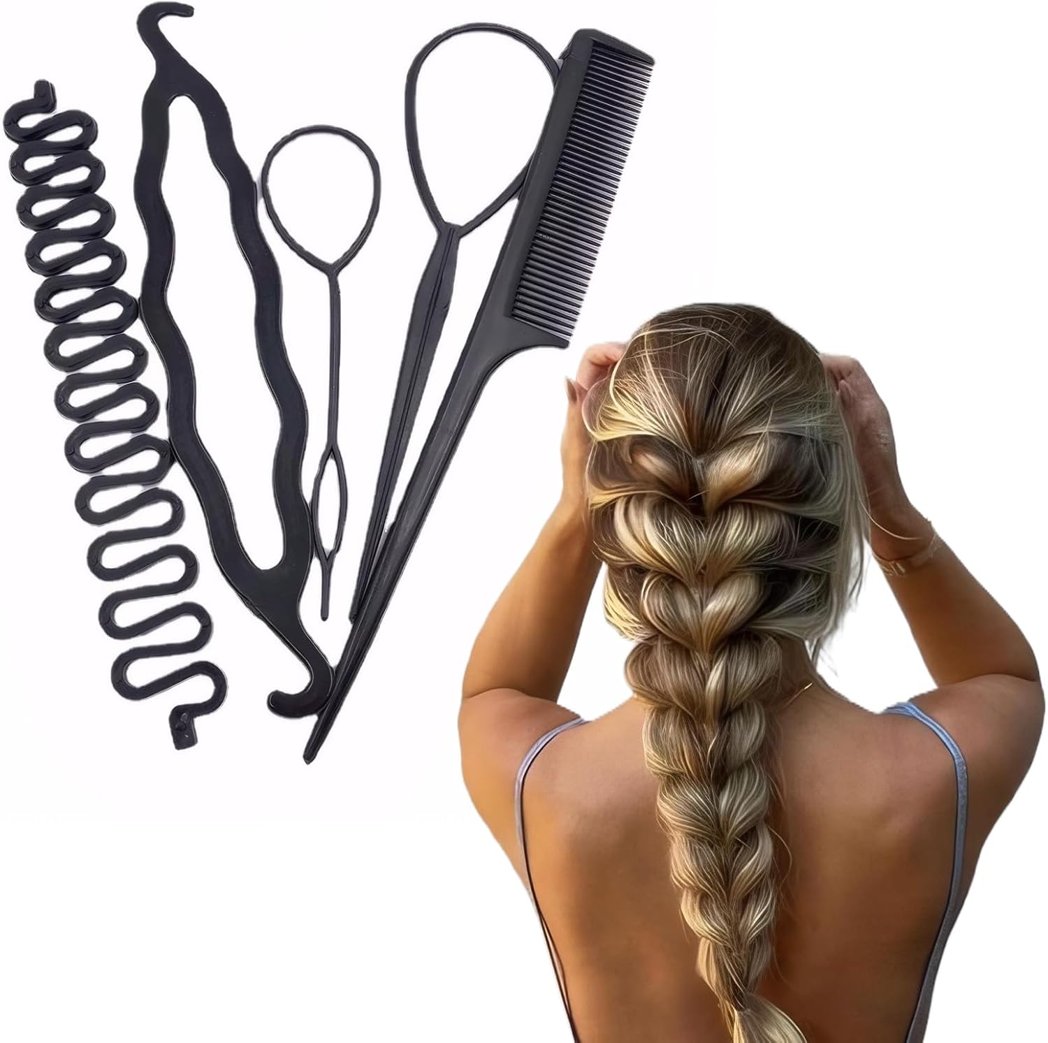 DazzleDiva 6 Piece Hair Styling Tool Set front view showing the complete black loop accessories and tail comb.