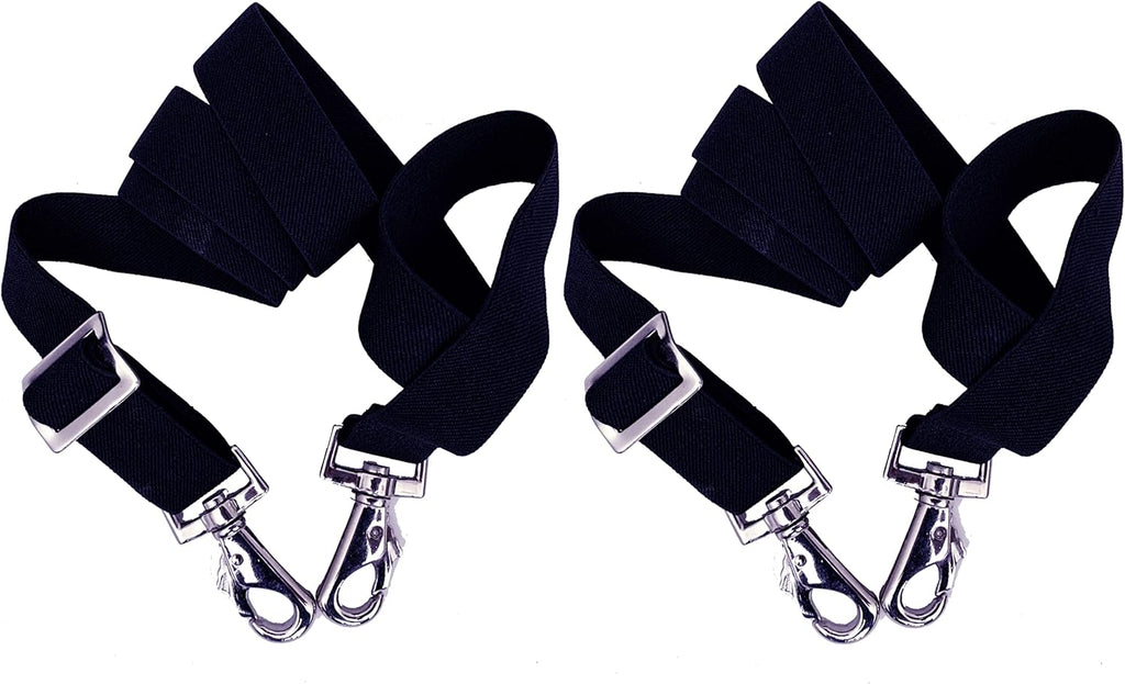 Majestic Ally Adjustable Length Horse Blanket Leg Straps front view showing navy elastic band and nickel plated swivel snaps.