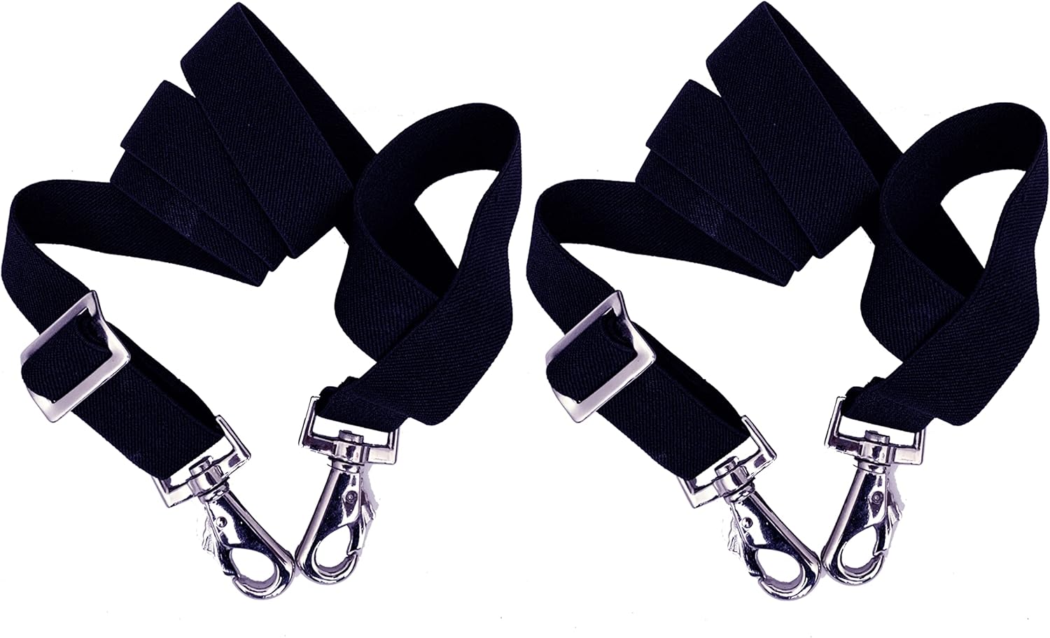 Majestic Ally Adjustable Length Horse Blanket Leg Straps front view showing navy elastic band and nickel plated swivel snaps.