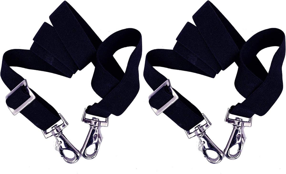 Majestic Ally Adjustable Length Horse Blanket Leg Straps front view showing navy elastic band and nickel plated swivel snaps.