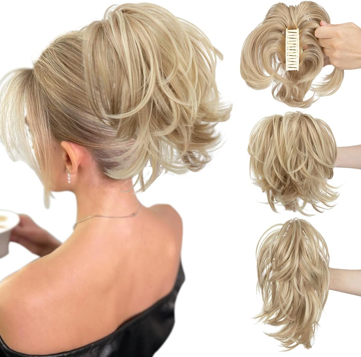 CJL HAIR claw clip ponytail extension dirty blonde front view showing straight synthetic hair texture
