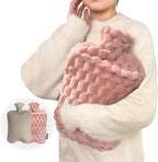 Alpinmett extra large hot water bottle front view showing pink plush cover and hand pocket