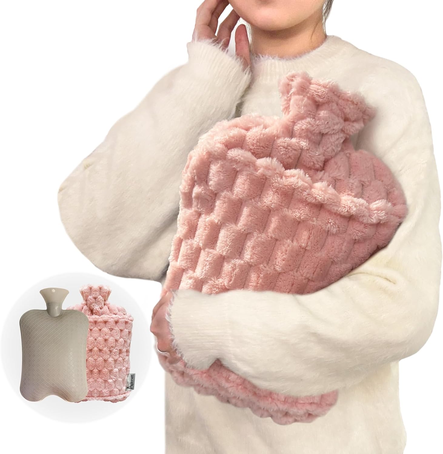 Alpinmett extra large hot water bottle front view showing pink plush cover and hand pocket