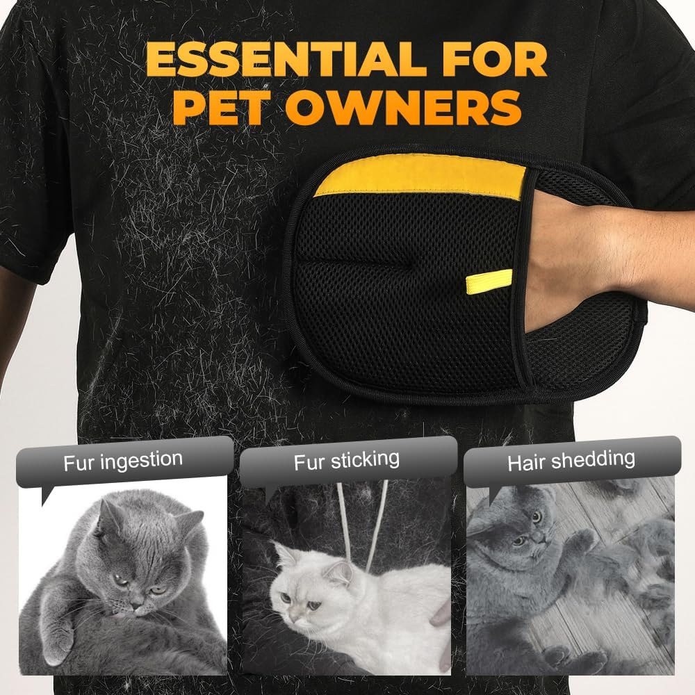 Pet hair removal glove picking up cat fur from carpet surface