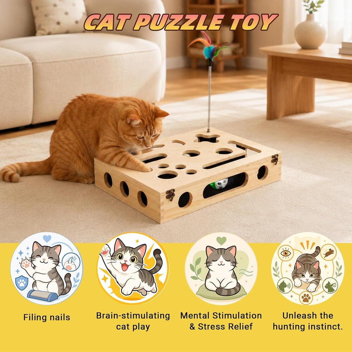 Cat Scratch Puzzle Enrichment Box, Interactive Cat Toy for 3 Balls & 2 Wand - Image 2