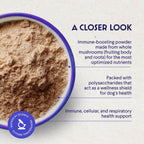 Organic unflavored mushroom powder for pets by Wonder Paws scooped out next to the packaging.