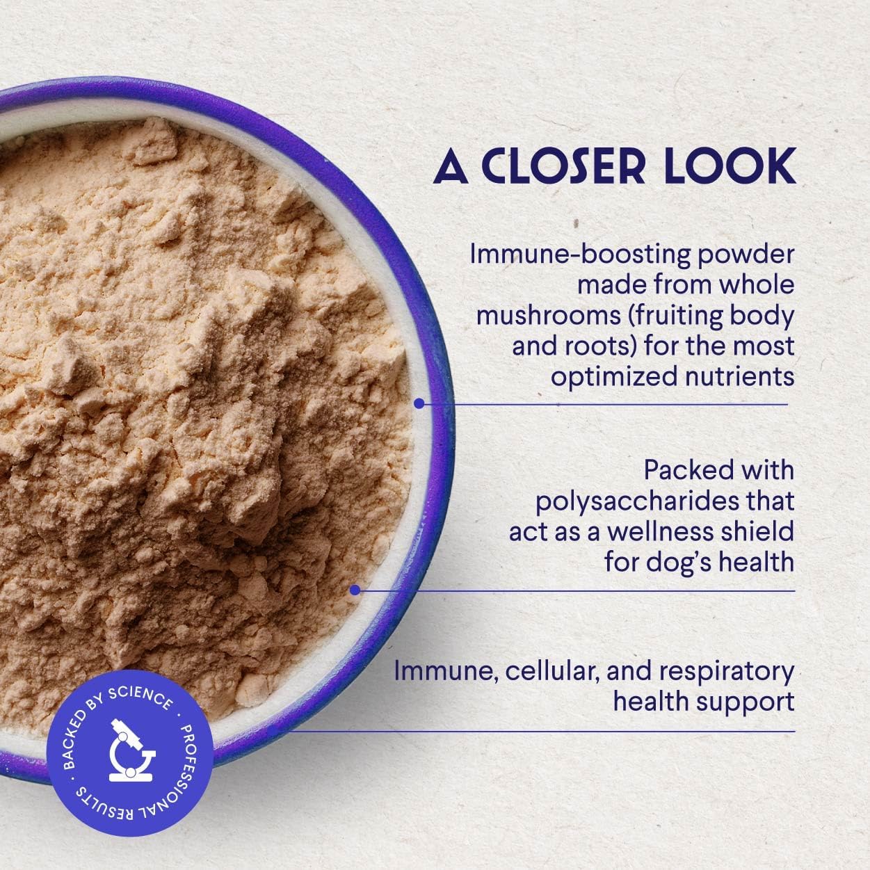 Organic unflavored mushroom powder for pets by Wonder Paws scooped out next to the packaging.
