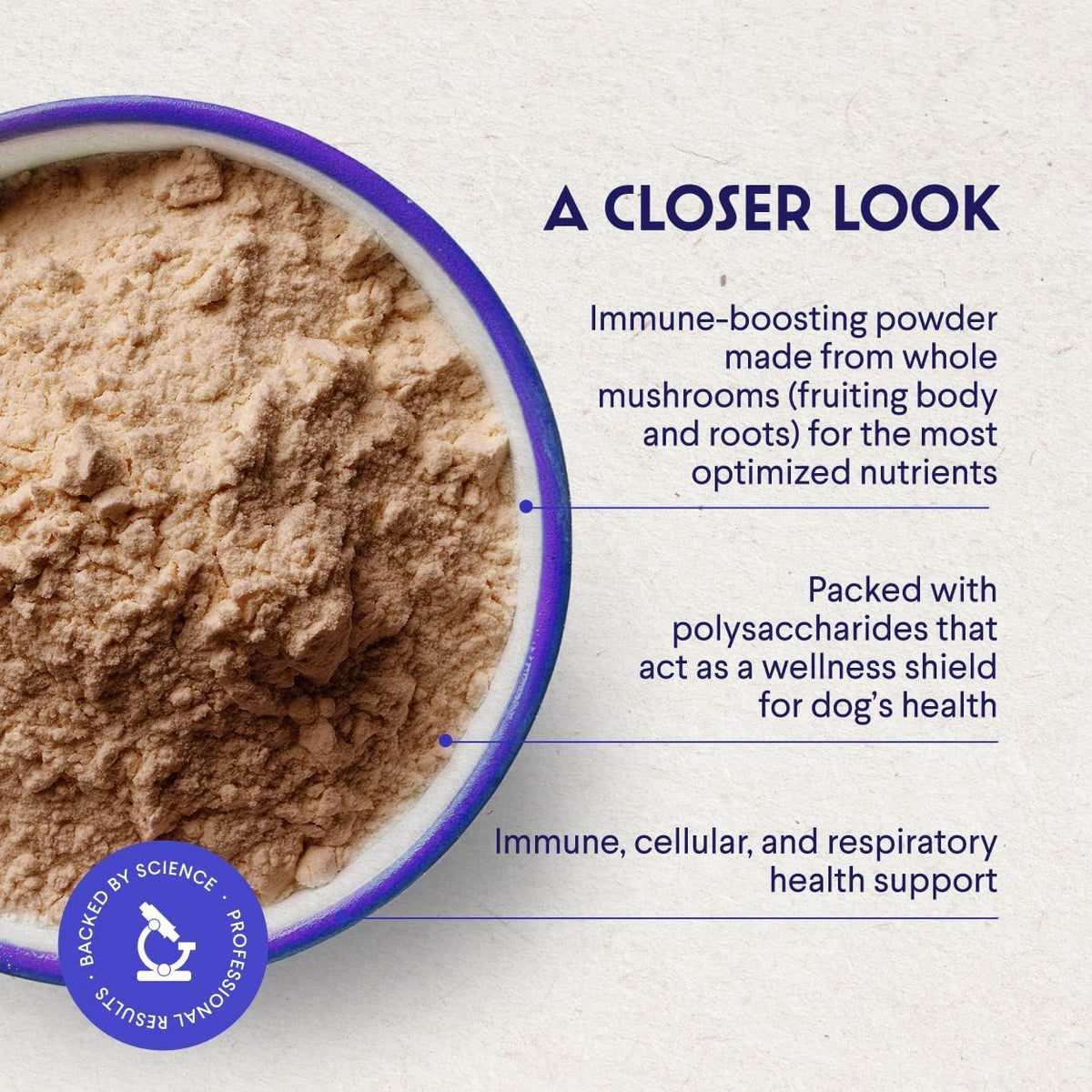 Organic unflavored mushroom powder for pets by Wonder Paws scooped out next to the packaging.