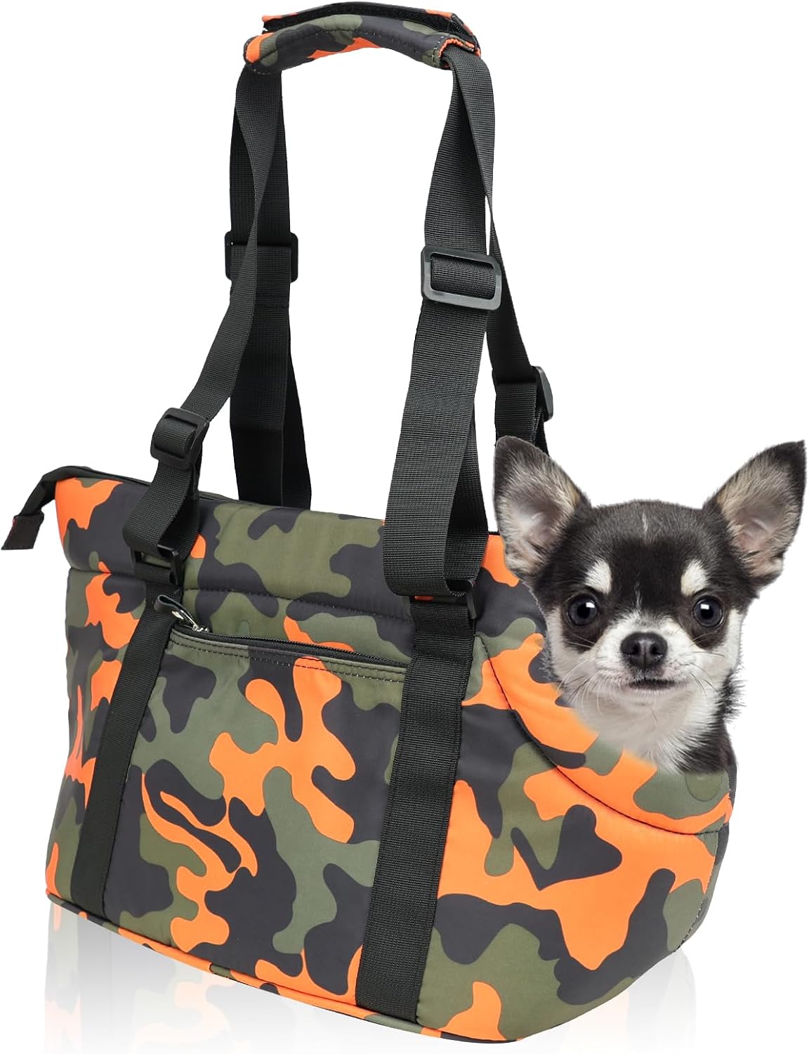 Deltamann 10mm padded pet tote bag front view in camouflage orange