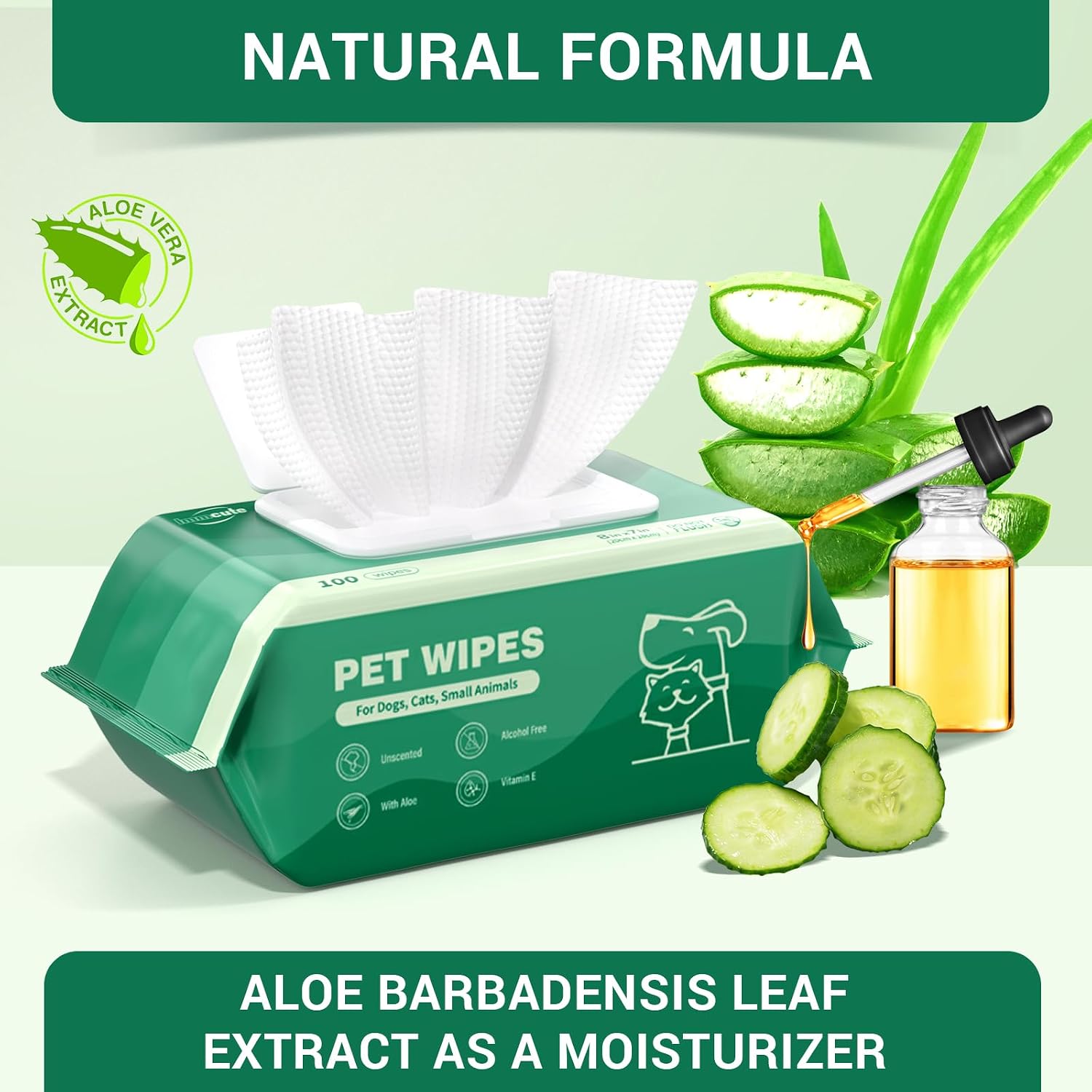 Large durable pet wipes container showing natural cucumber extract ingredients.