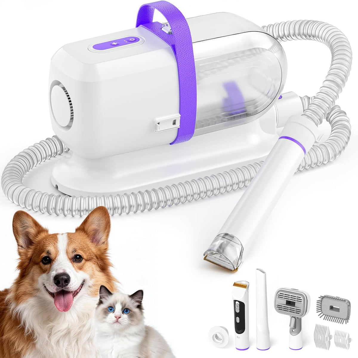LOMMOL 6-in-1 Dog Grooming Vacuum front view showing the purple handle and clear canister.