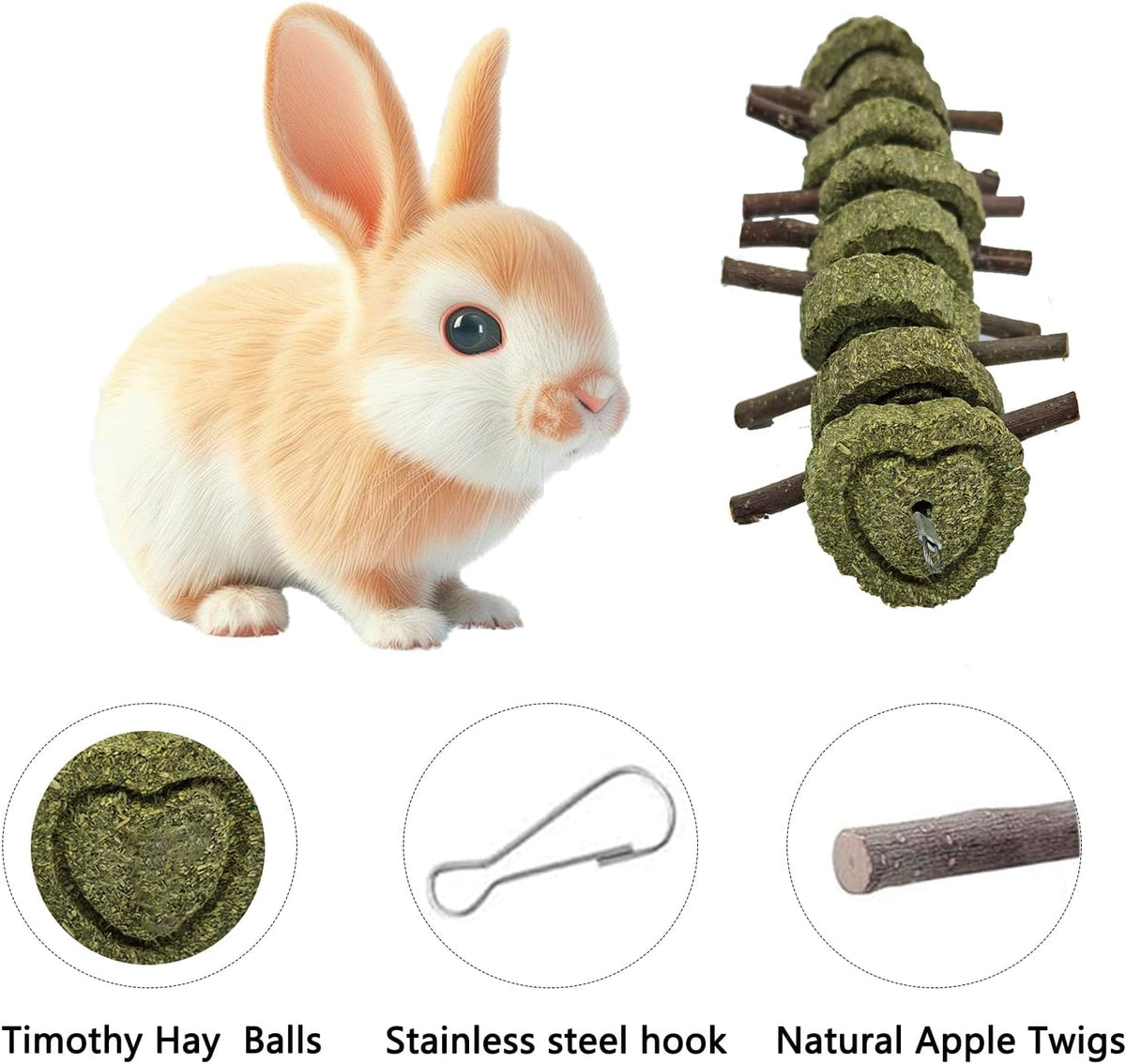 Close up of untreated organic apple wood branches and compressed timothy hay cakes.