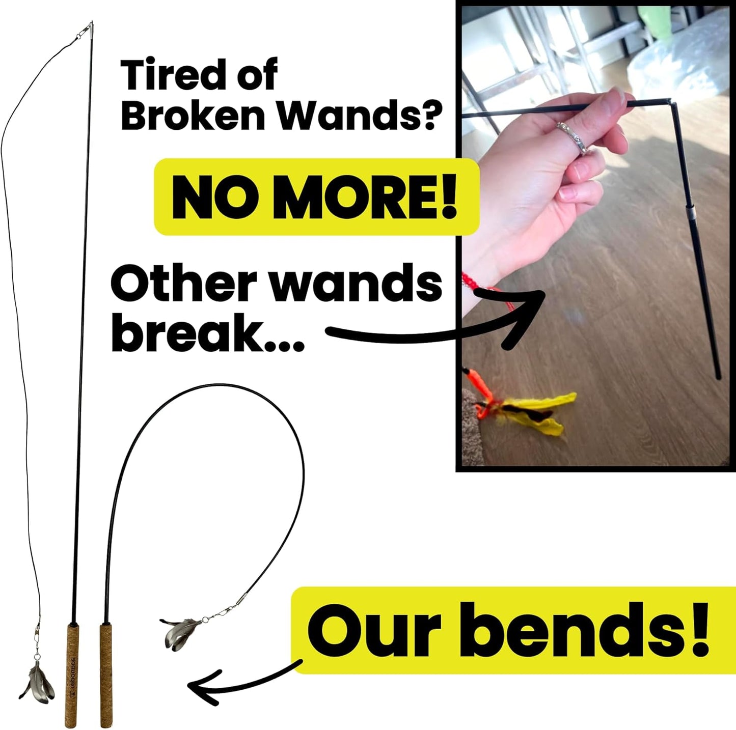 Repounce Forever Stick premium interactive teaser wand with a close up on the ergonomic natural cork handle.