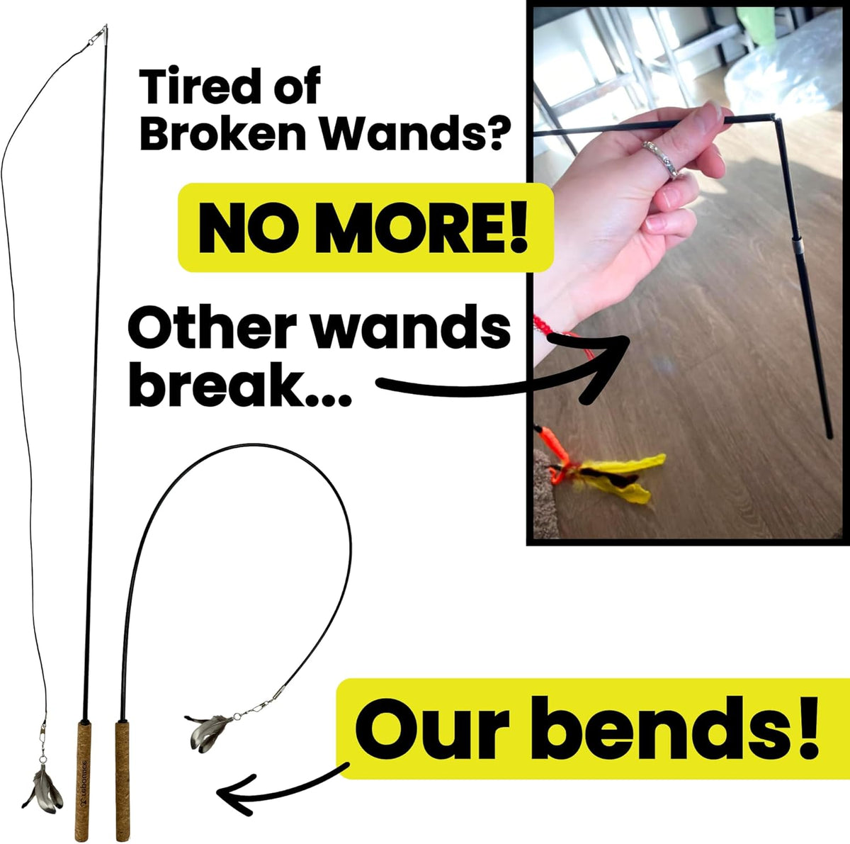 Repounce Forever Stick premium interactive teaser wand with a close up on the ergonomic natural cork handle.