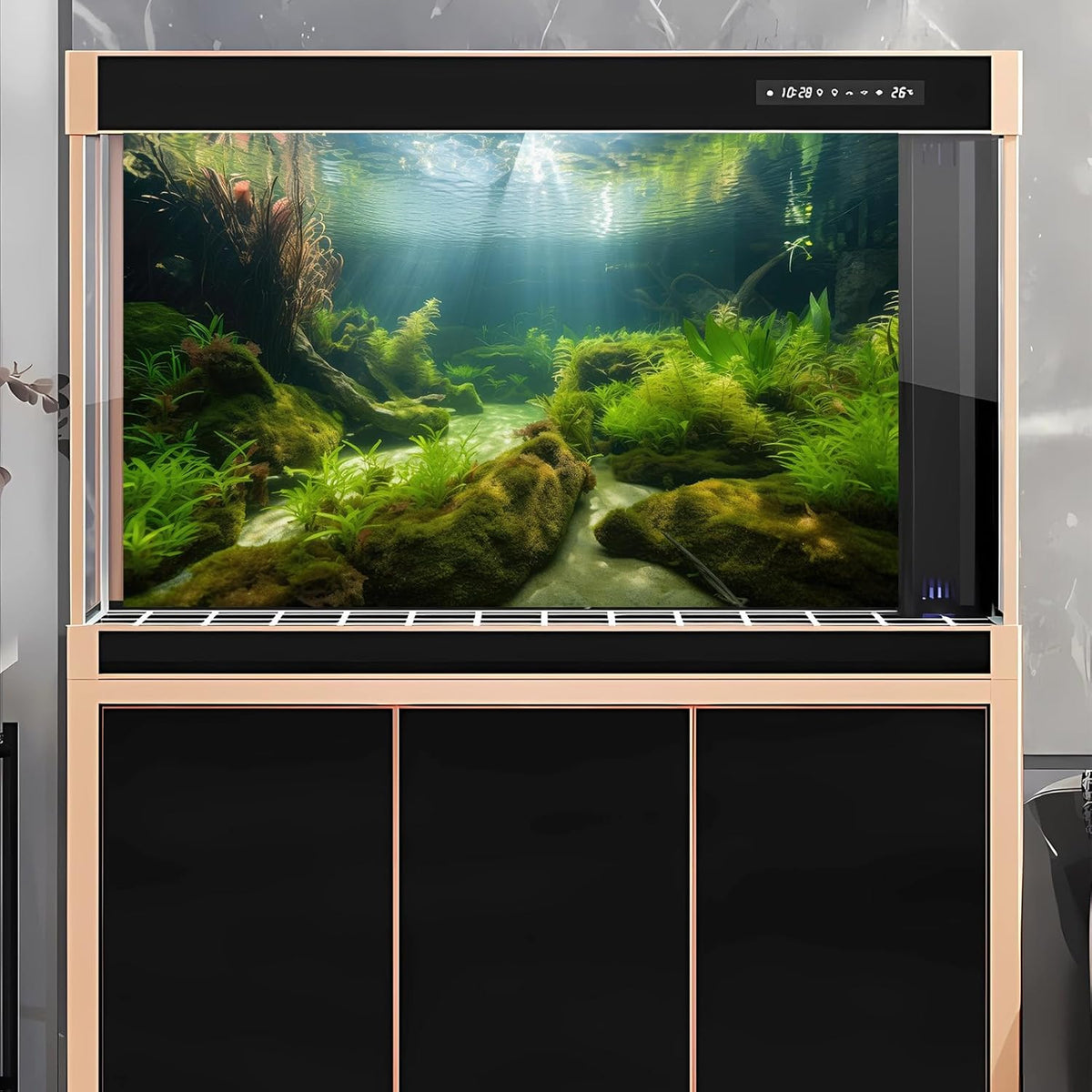 OHIOCATII vinyl fish tank backdrop showing realistic sunbeams filtering through water.