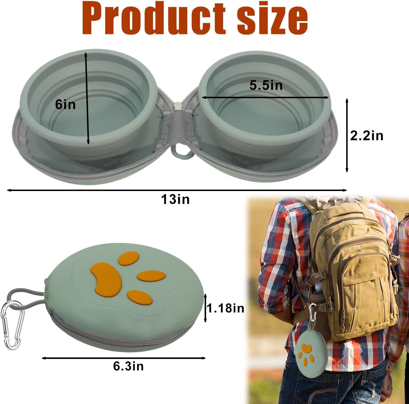 BPA free silicone dog travel bowl attached to a backpack during hiking.