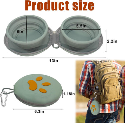 BPA free silicone dog travel bowl attached to a backpack during hiking.
