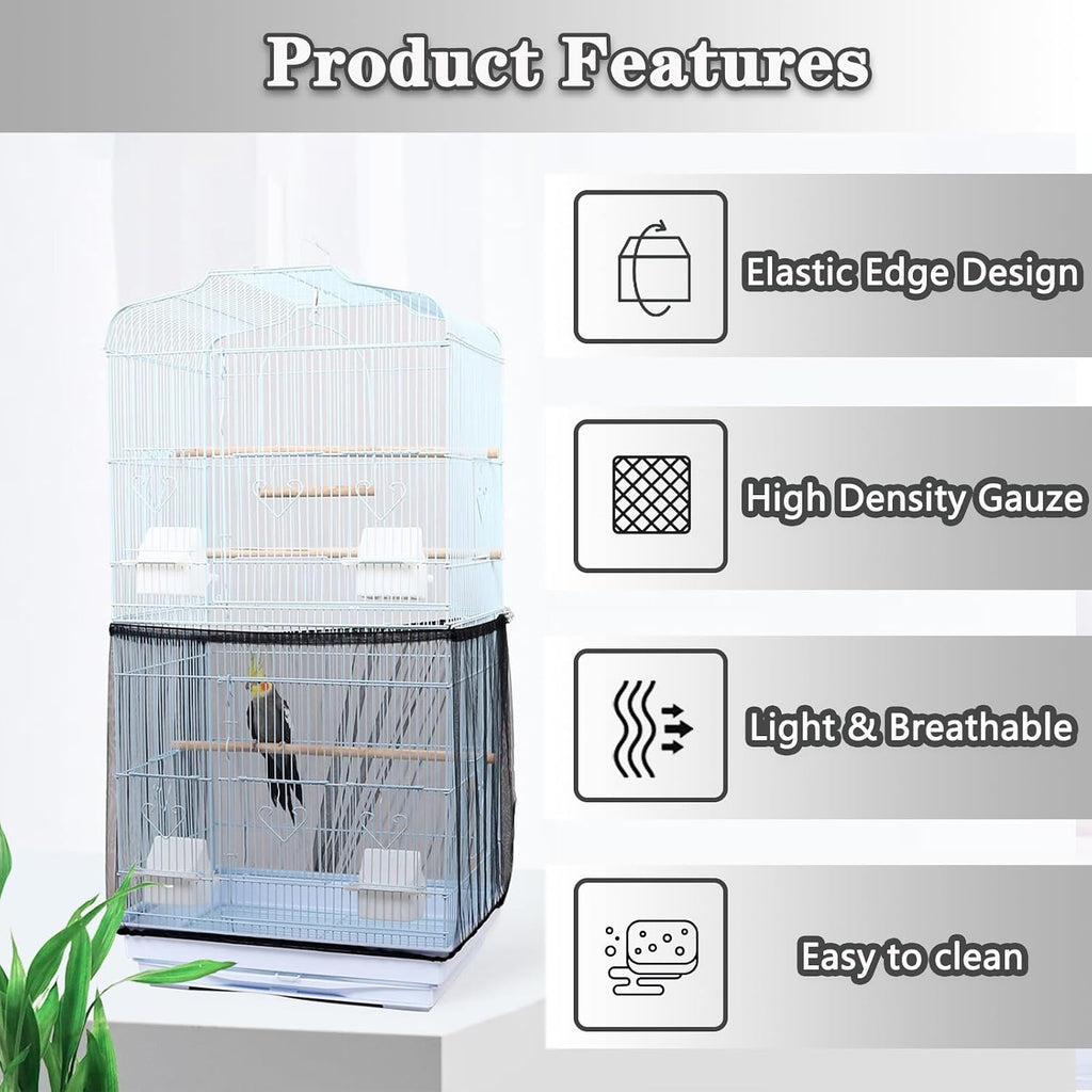 Pusnmi bird cage skirt on a round cage demonstrating debris containment.