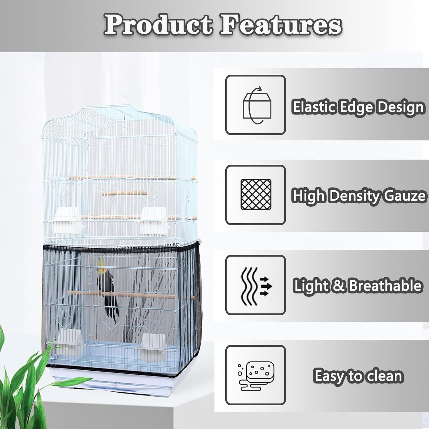 Breathable mesh bird cage feather catcher setup on square cage
