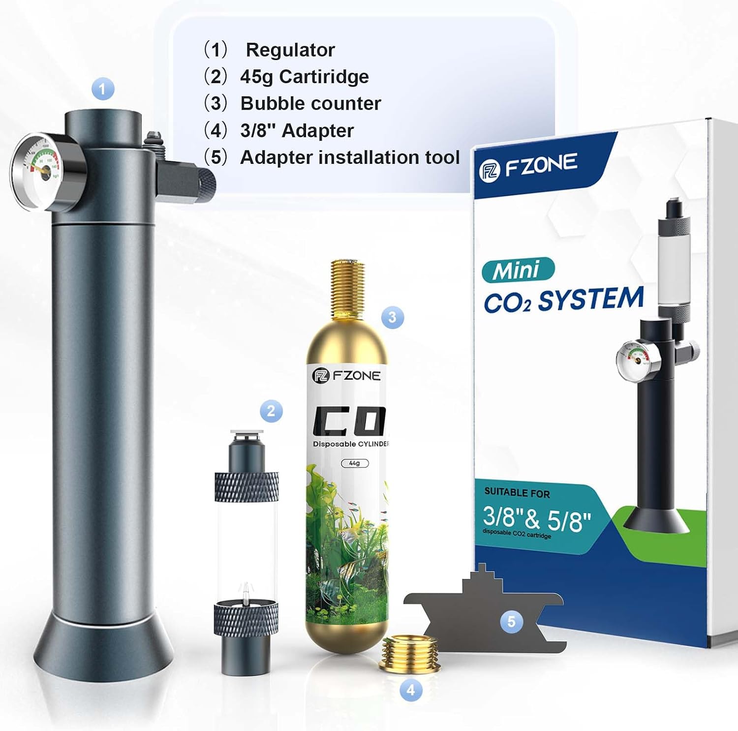 FZONE aquarium CO2 kit packaging contents including adapter and cartridge