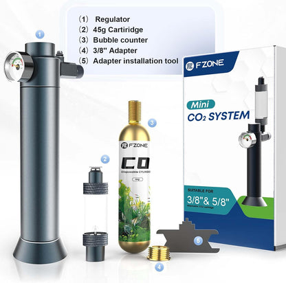 FZONE aquarium CO2 kit packaging contents including adapter and cartridge