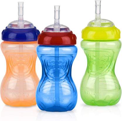 Nuby No Spill Flex Straw Sippy Cup front view showing three pack assortment