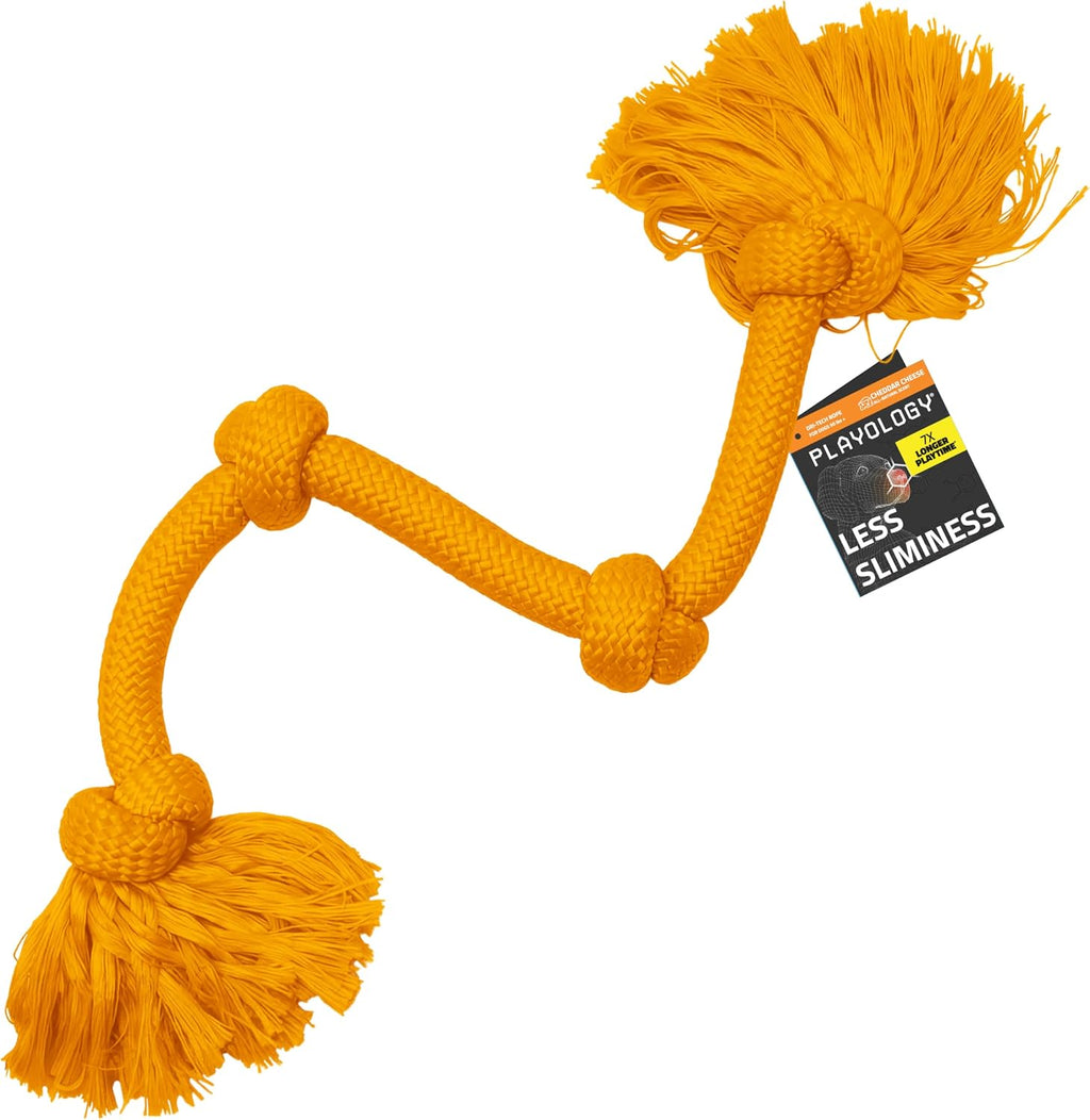 Side profile of the Playology Dri-Tech blue rope toy for moderate to heavy chewers.