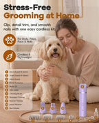 Veeconn purple dog hair trimmer details head being used around the ears and face.