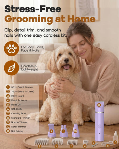 Veeconn purple dog hair trimmer details head being used around the ears and face.